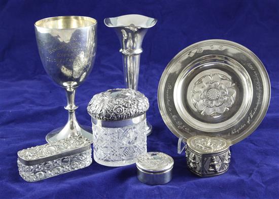 A modern silver Tudor Rose dish and 6 other items.